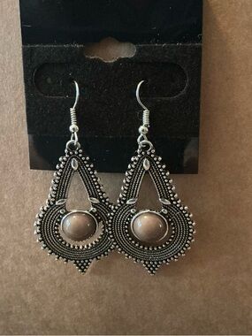 Silver-Tone Teardrop Dangle Earrings with Brown Stone